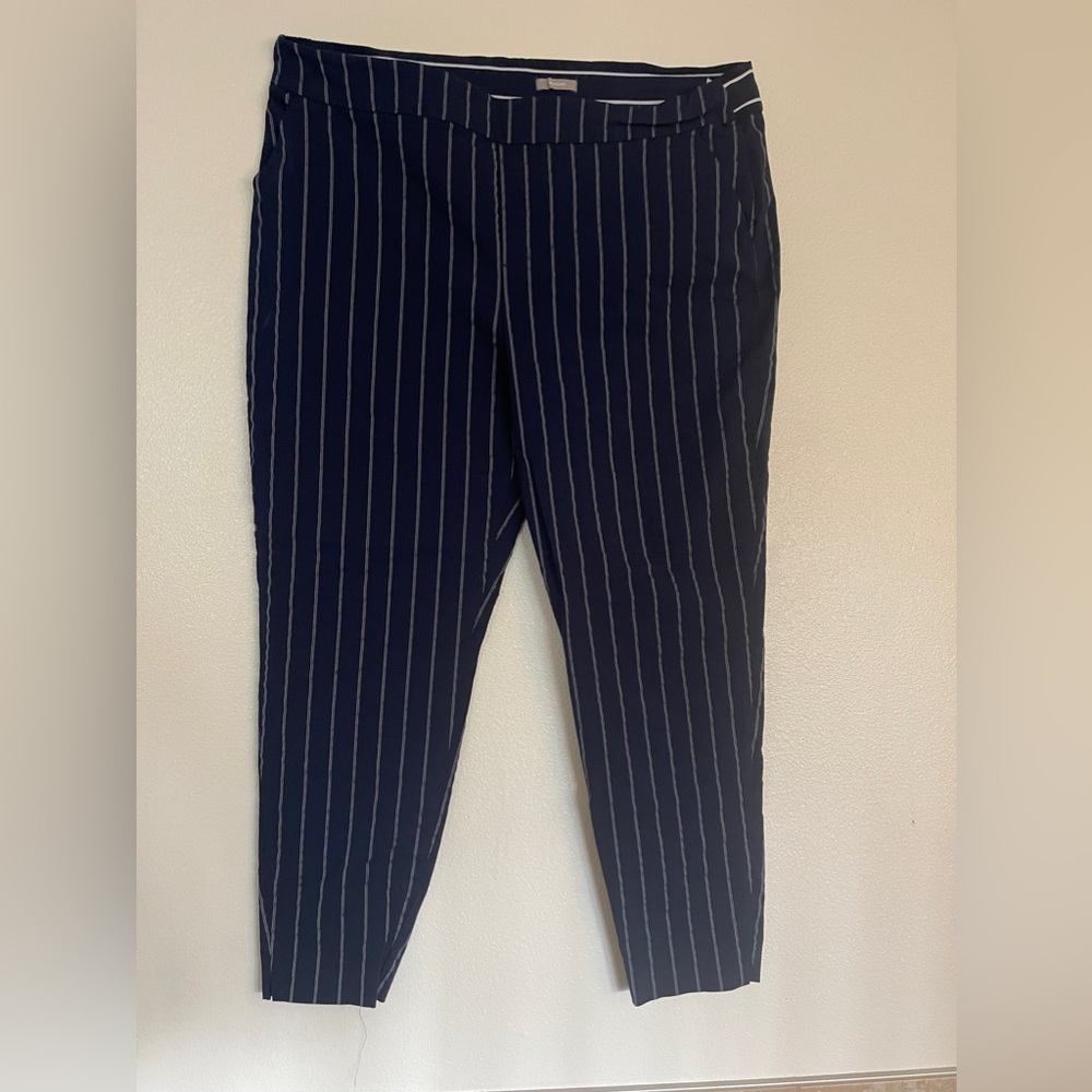 Blue and white striped trousers